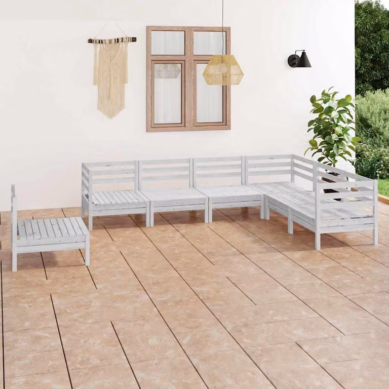 Set Salotto da Giardino vidaXL 7 pz in Legno di Pino Bianco con Cuscini e Design a L