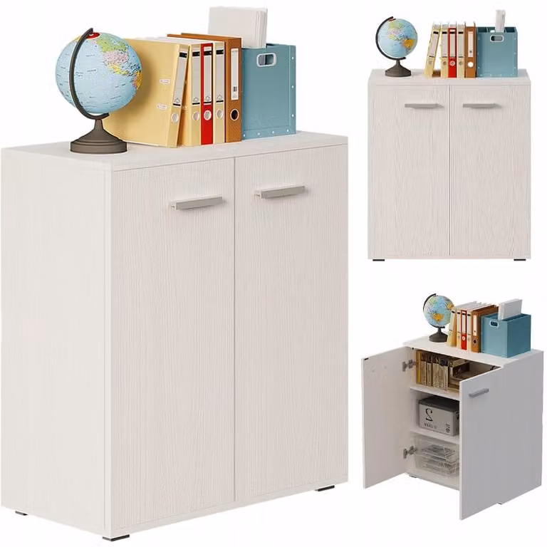 Cassettiera bianca per ufficio, soggiorno, libreria, armadio, con 2 ante e 3 ripiani, stile loft, 68 cm