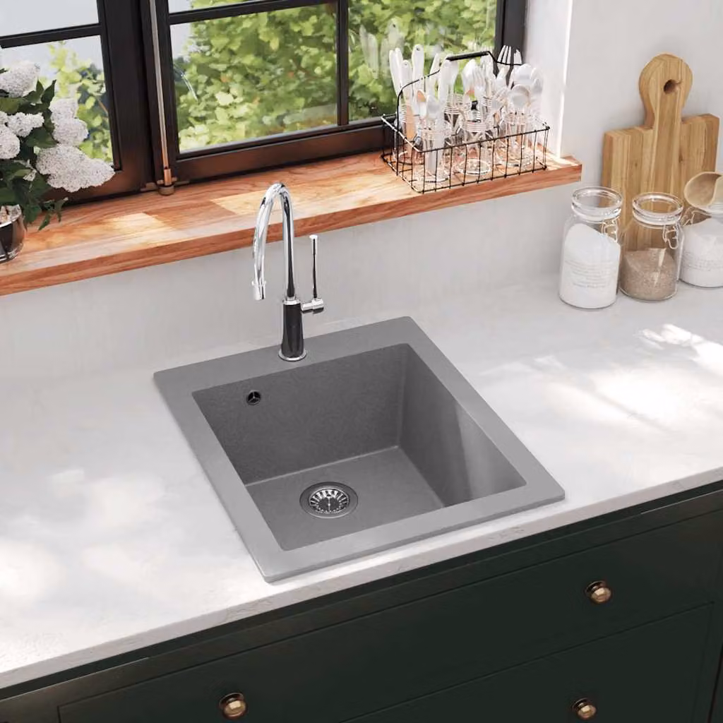 Lavandino da Cucina ad Incasso in Granito vidaXL Grigio L/P/H: 50,0 x 42,5 x 19,5 cm