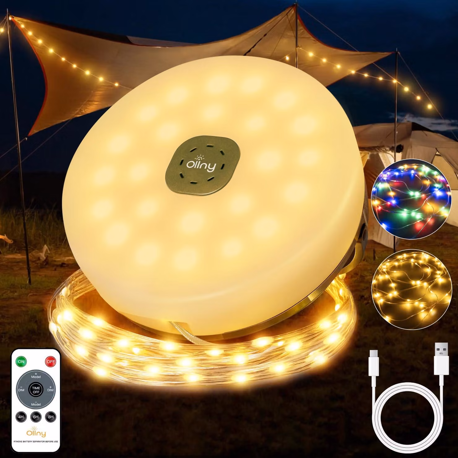 Catena luminosa da campeggio, 20 metri, USB, 9 modalità, timer, 200 LED