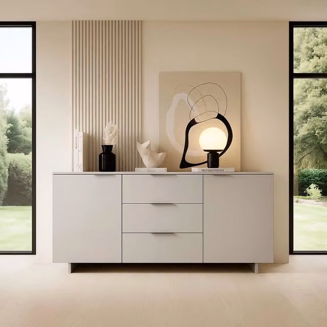 Credenza Neive DMORA, Madia da salotto con due ante battenti e tre cassetti, Beige, L: 180 cm, P: 42 cm, H: 90 cm – 1