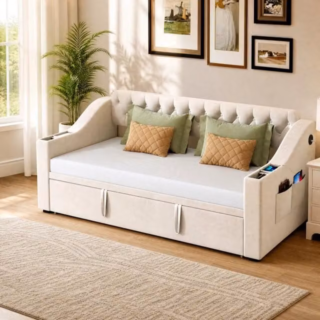 Divano letto MIVRAY in velluto beige con porte USB e vani contenitore, trasformabile da 90 x 190 cm a 180 x 190 cm