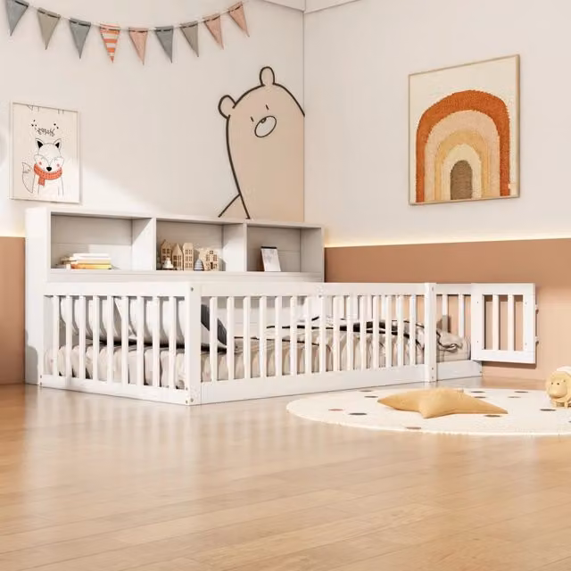 Letto da giorno ULEVR 90x200 cm con rete a doghe, sponde di sicurezza apribili e ripiani laterali, bianco