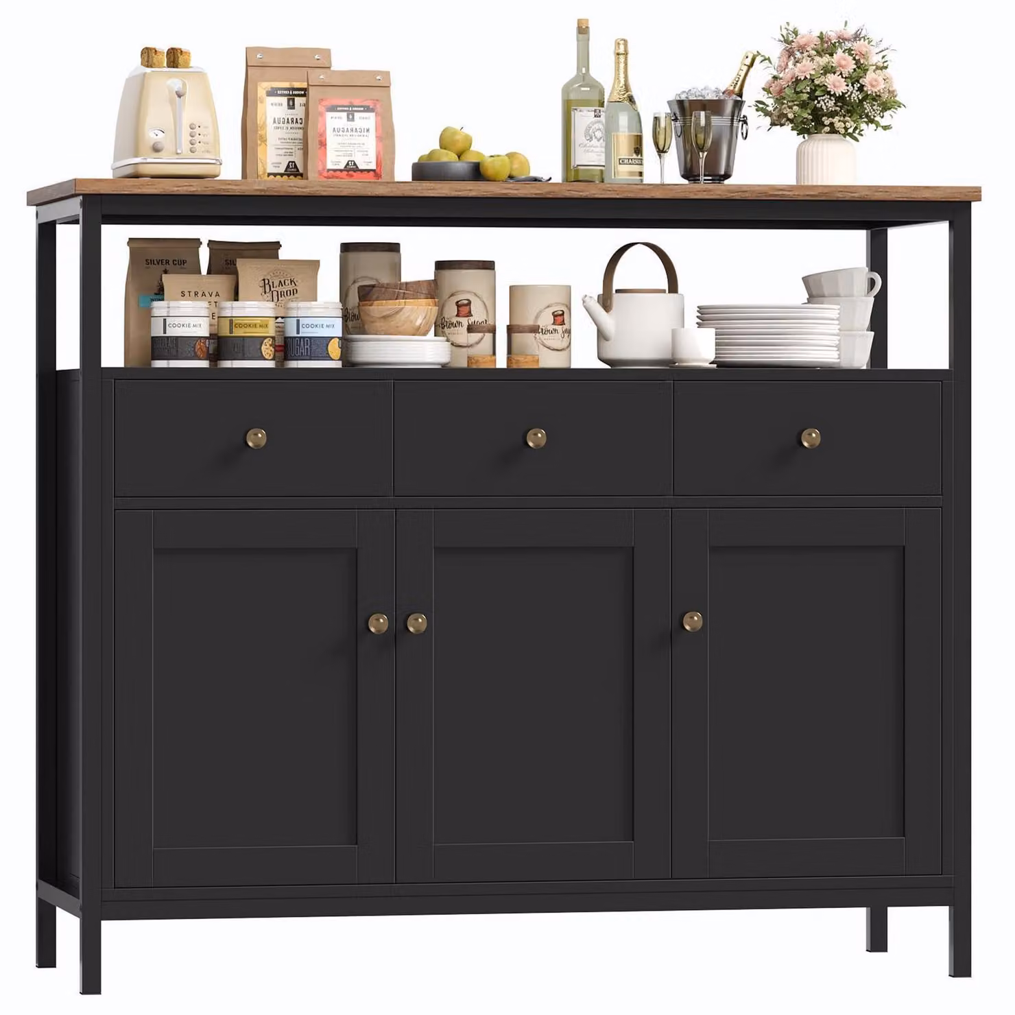 Mobiletto contenitore per cucina con 3 cassetti e 3 ante, colore nero, dimensioni 108x38x98,5 cm