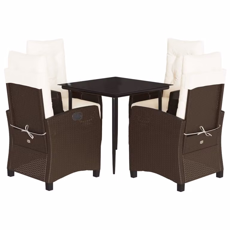 Set da Pranzo da Giardino 5pz con Cuscini in Polyrattan Marrone