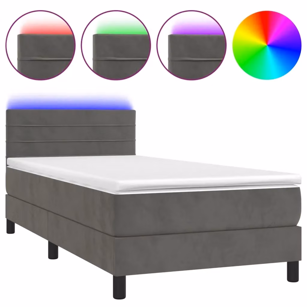 Letto Ibrido con Materasso e LED vidaXL in Velluto Grigio, L 90 x P 190 cm – 2