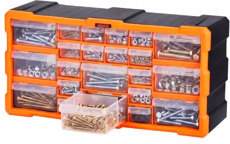 Organizer per minuteria VEVOR con 22 cassetti impilabili e da parete, contenitore in plastica nero e arancione per viti, bulloni e ferramenta