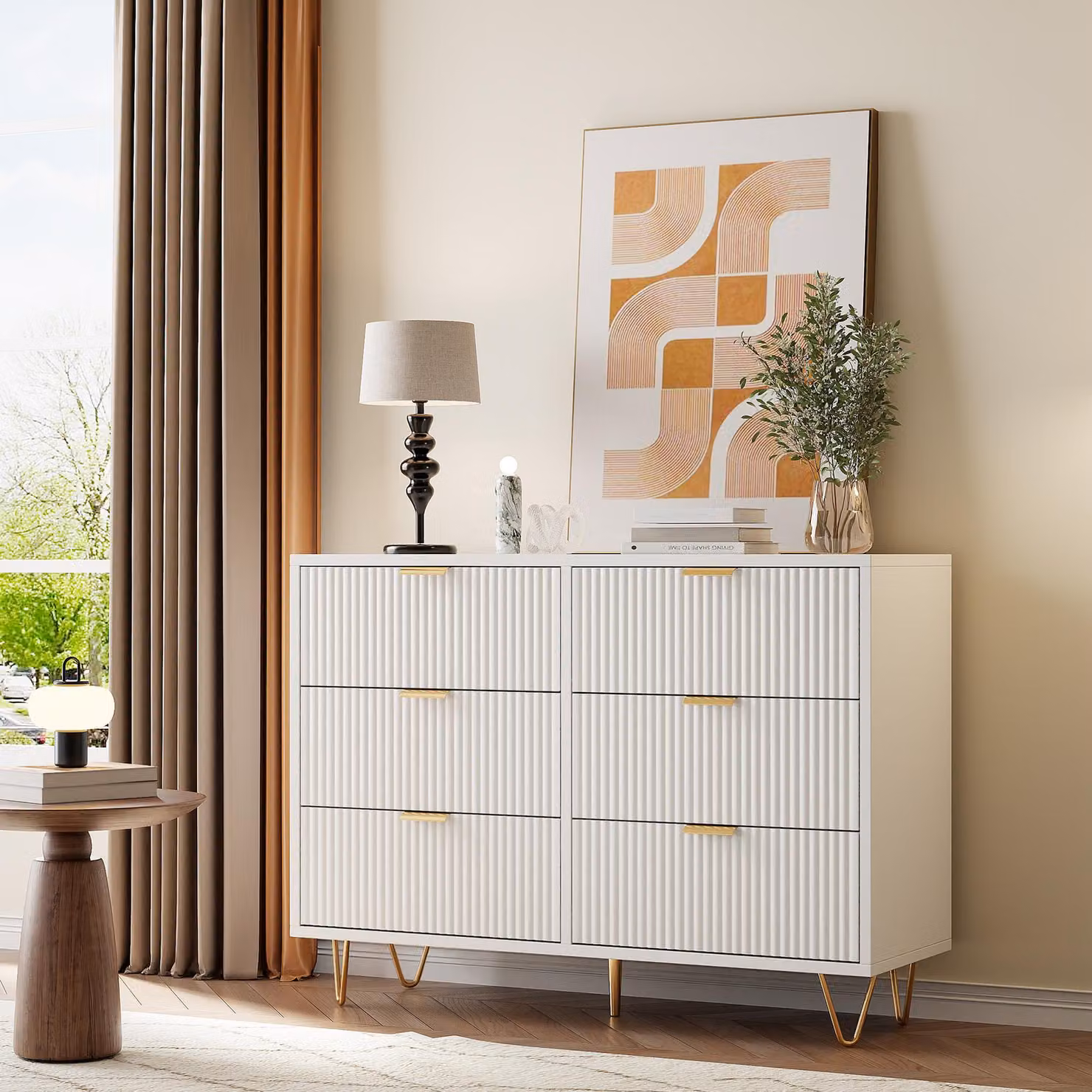 Cassettiera moderna bianca, 6 cassetti in legno con maniglie dorate, mobile contenitore per la camera da letto