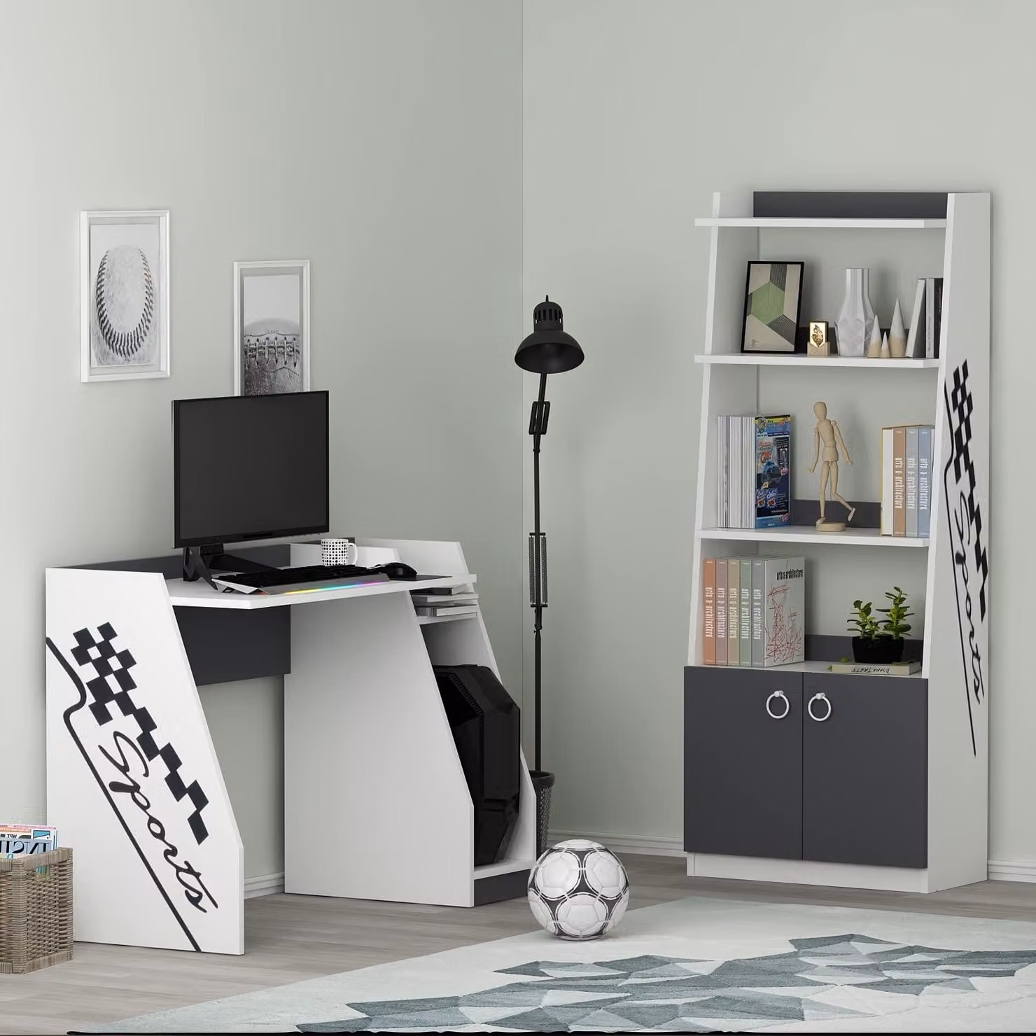 HOMIDEA Scrivania Roby con libreria – Postazione computer, angolo studio e spazio contenitivo per la camera dei bambini e dei ragazzi (bianco/antracite)