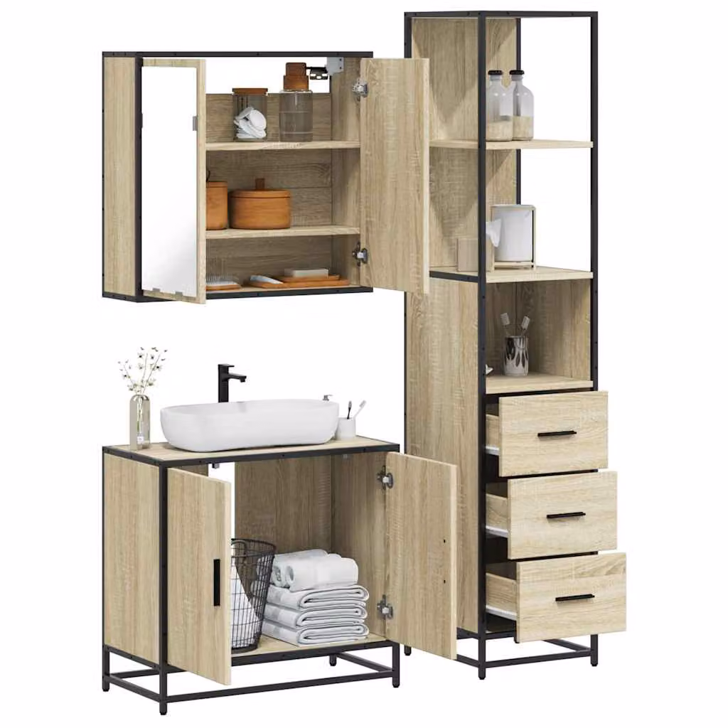 Set di mobili da bagno industrial vidaXL in legno e metallo marrone composto da 3 pezzi con armadietto specchio, mobile lavabo e colonna alta
