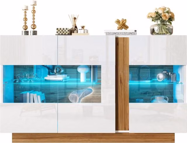 Madia Chicfurn moderna in MDF bianco lucido con 3 ante in acrilico e illuminazione LED integrata per soggiorno, camera o ingresso L/P/H: 140 x 38 x 80 cm
