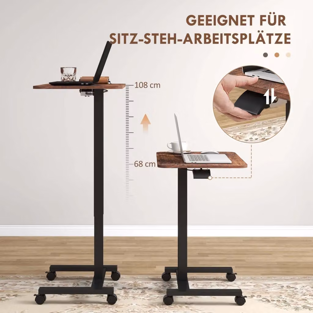 Scrivania da ufficio OKWISH regolabile in altezza con ruote, colore marrone, L: 65 cm, P: 48 cm, H: 68-108 cm – 2