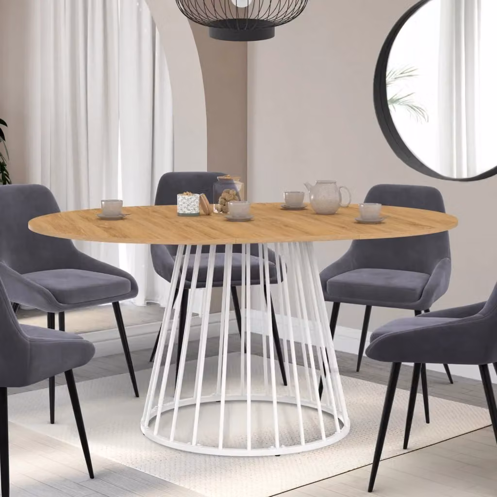 Tavolo da pranzo rotondo allungabile IDMarket YUNA per 4-8 persone con piano in legno marrone e base in metallo bianco L: 110-150 cm, P: 110 cm, H: 75 cm – 2