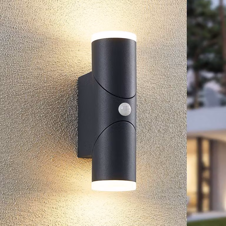 Lindby Aspyn applique LED esterni, 2 luci, sensore, Nero, Alluminio, Moderno