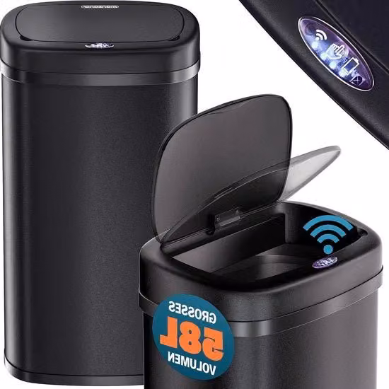 Sensore di Movimento Cestino - Coperchio Automatico - Impermeabile - 58 Litri - Cavo USB - Cestino Nero 60 litri