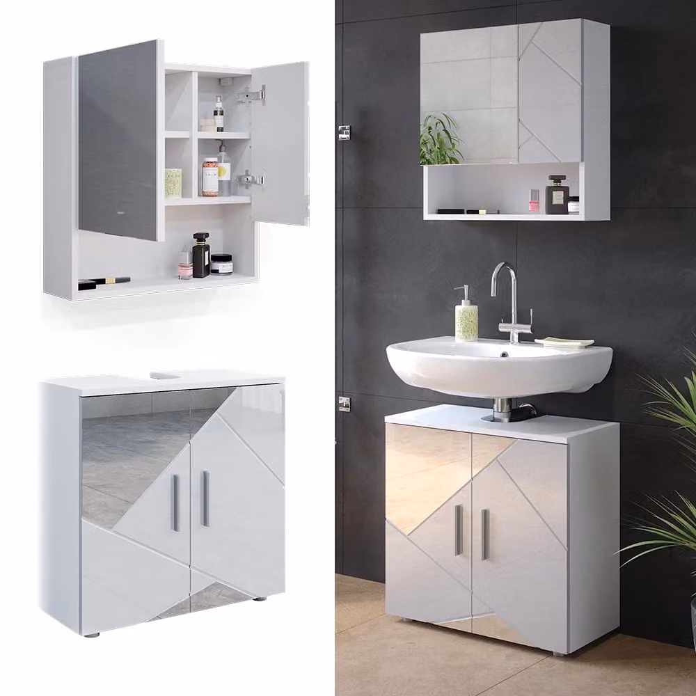Set mobili bagno Vicco Irma bianco lucido con mobile sottolavabo e pensile a specchio, 2 pezzi – 2