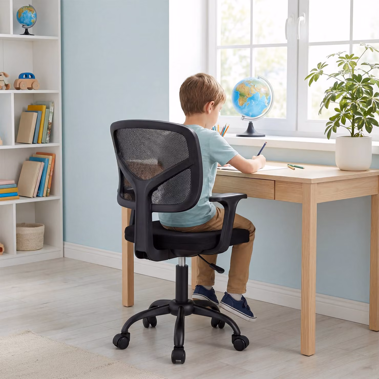 Sedia da scrivania girevole per bambini Costway, sedile in tessuto con braccioli, Nero