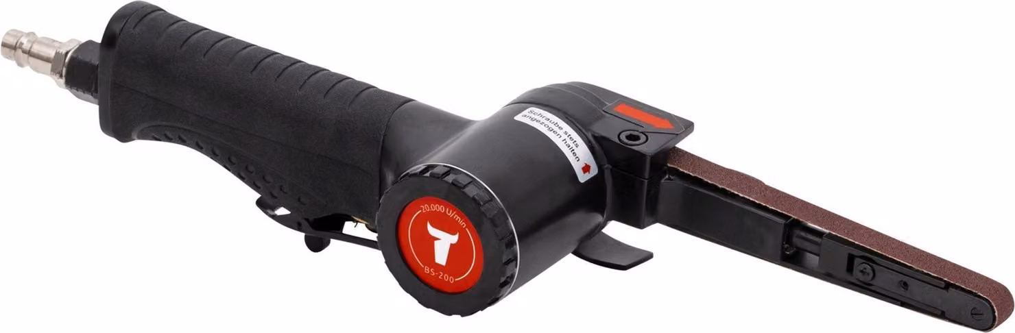Levigatrice a nastro STIER BS-200, lunghezza 305 mm, 20.000 giri/min, dimensione nastro abrasivo 330x10 mm per la lavorazione di pezzi piccoli e difficili da raggiungere, basso consumo d'aria