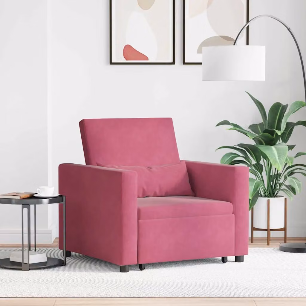 vidaXL Divano letto singolo estraibile in velluto rosso con struttura in metallo e ruote