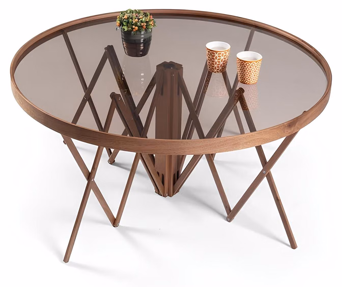Ungewöhnlicher Couchtisch mit Glasplatte und Gestell aus X-förmigen Beinen