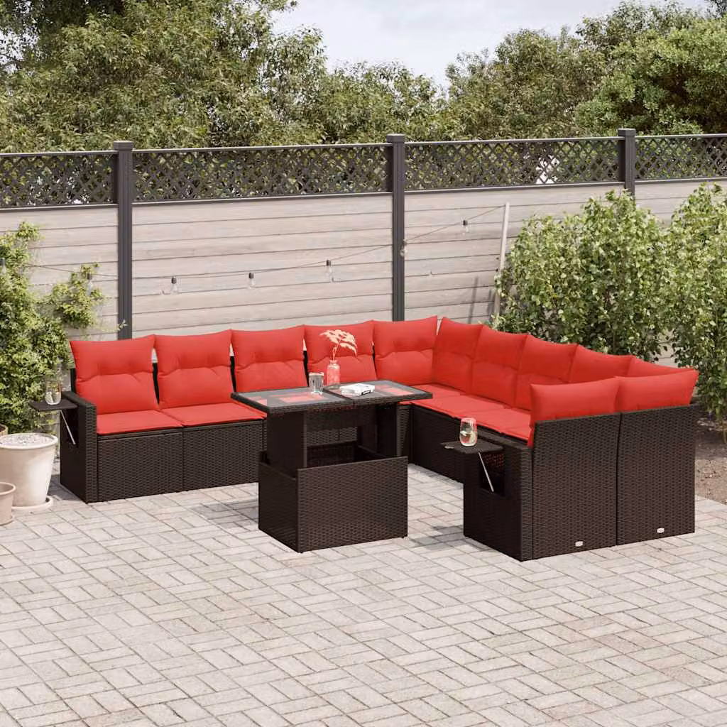 Set di divani da giardino vidaXL in polyrattan marrone con 11 pezzi, compresi cuscini e tavolino da esterno, design moderno a forma di L