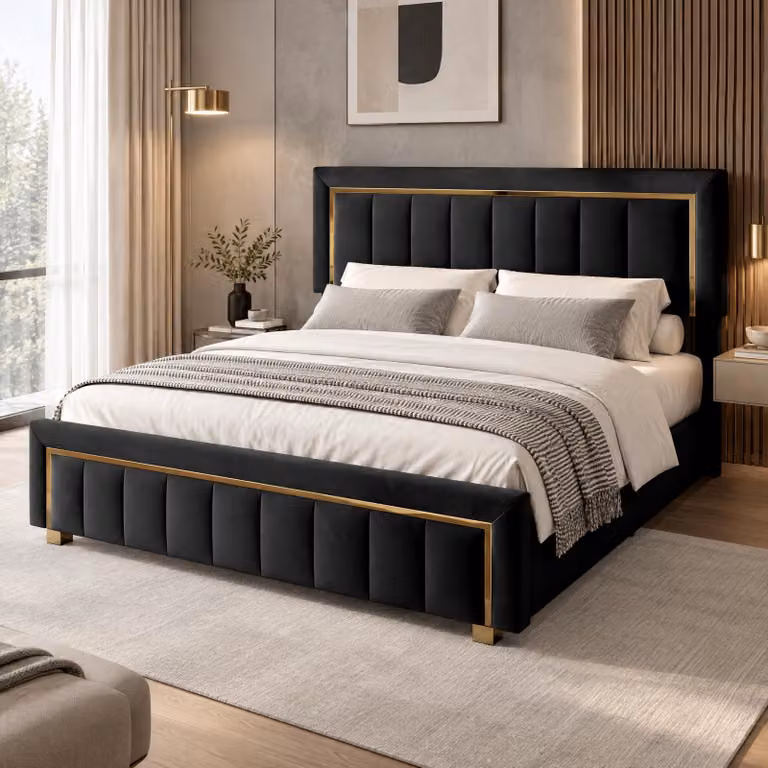 Letto matrimoniale con boxspring, dimensioni 140x200 cm, imbottito con spazio contenitore, struttura con rete a doghe, cornice con decorazioni dorate, rivestito in velluto, colore nero