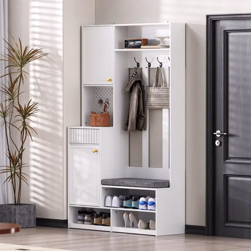 Set di mobili da ingresso MIVRAY bianco con panca imbottita, 4 ganci, armadio, 2 cassetti e pannello forato in MDF, L/P/H: 100 x 35 x 180 cm – 2
