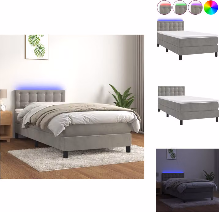 vidaXL Letto a molle con materasso e LED in velluto grigio chiaro 80x200 cm - Letti & strutture letto