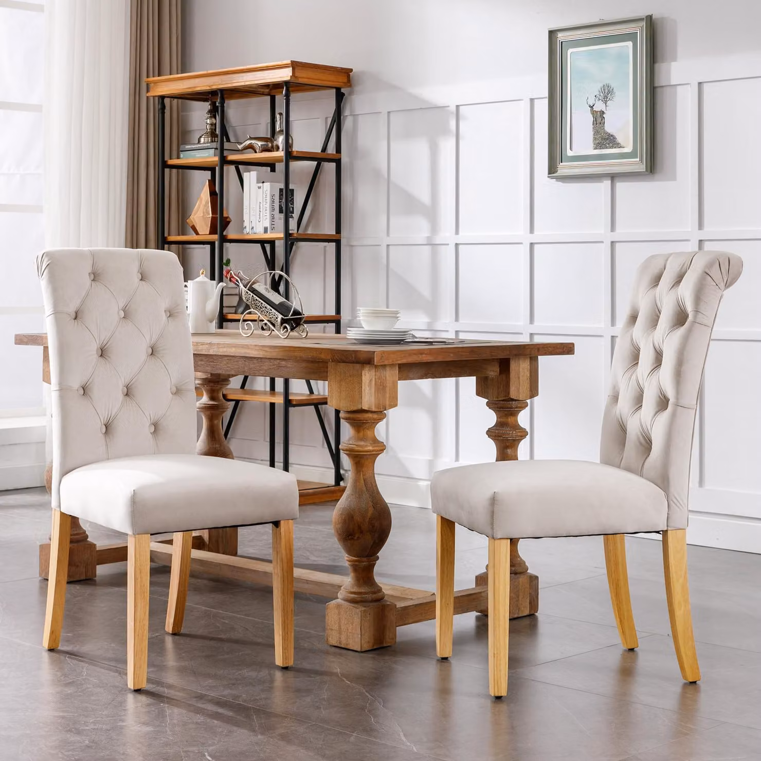 Set di 4 sedie da pranzo in velluto, con gambe in legno di quercia, bottoni decorativi e finiture cromate. Ideali per la sala da pranzo, la camera da letto, la cucina, il soggiorno, la zona relax. Colore: beige