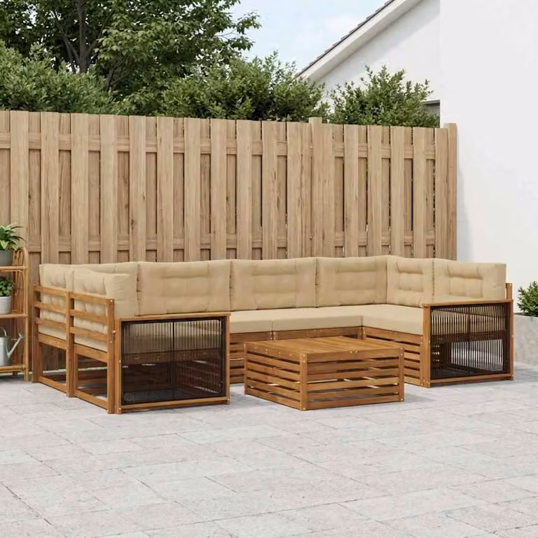 Set di divani da esterno vidaXL a forma di L composto da 7 pezzi in legno di acacia con tavolo da caffè, colore beige e marrone