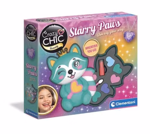 Clementoni Crazy Chic - Starry Paws Trousse Trucchi, Cofanetto Make-Up Bambini 6+ Anni, Palette con 6 Ombretti Colorati e Rossetto, Gioco Creativo per Truccarsi, 18406