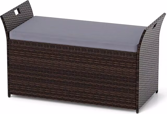 Cassapanca Contenitore da Giardino Costway in Polyrattan con Cuscino, Baule da Esterno Resistente ai Raggi UV, L/P/H: 125 x 56 x 71 cm – 1