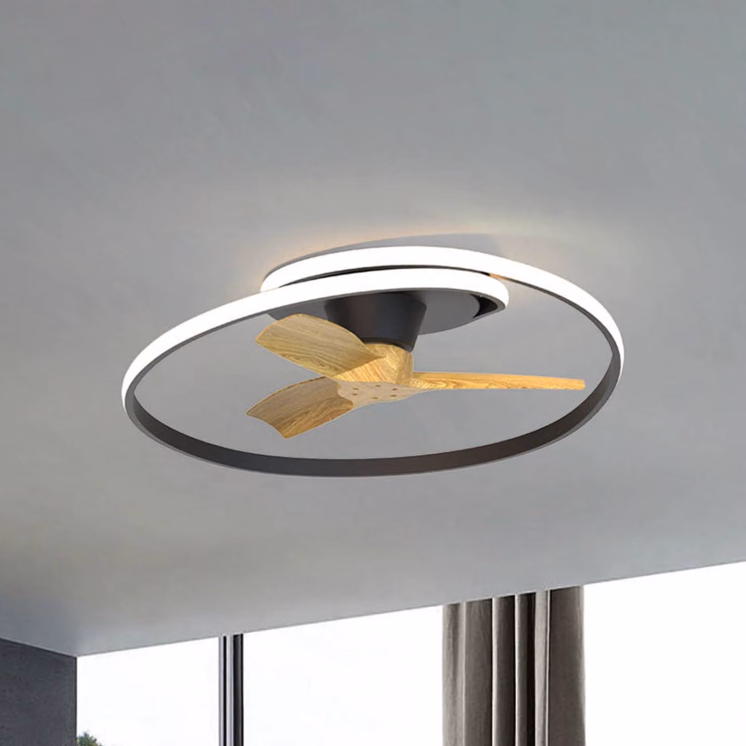 Mantra Iluminación Ventilatore da soffitto LED Ocean nero/legno DC silenzioso Ø 78 cm CCT Ocean, dimmerabile, Legno chiaro, Soggiorno / Sala da pranzo, Plastica, Moderno