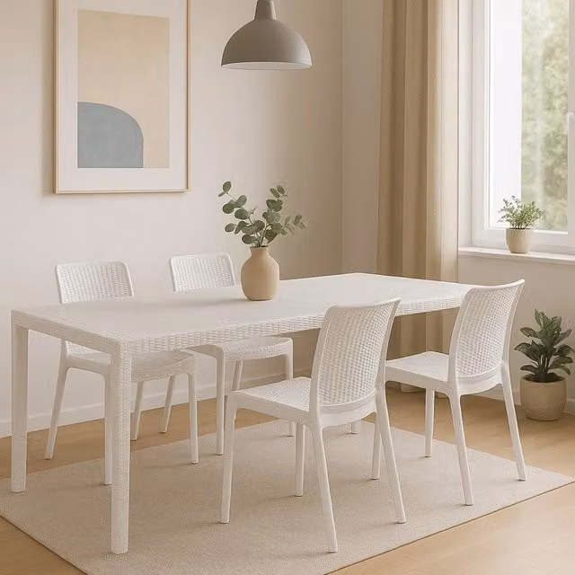 Set tavolo e 4 sedie DMORA Bianco, Tavolo rettangolare allungabile e sedie con braccioli per soggiorno e cucina
