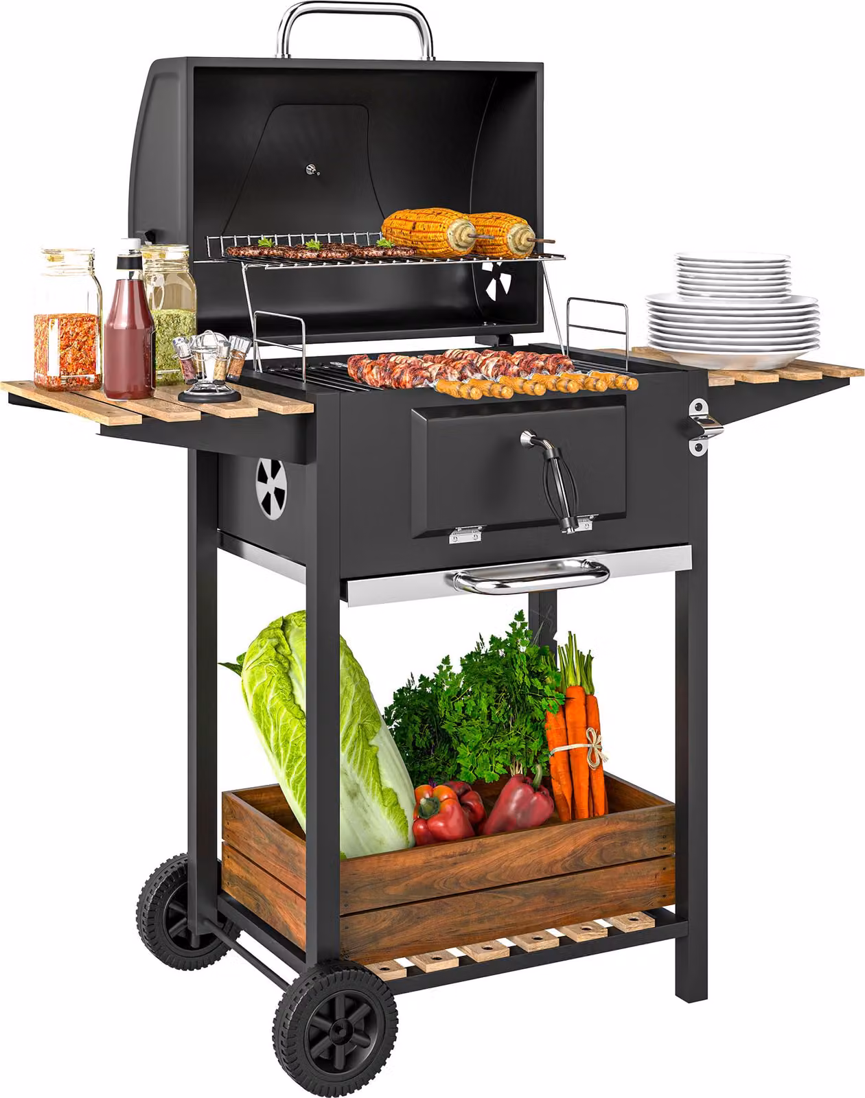 Barbecue a carbonella, vaschetta per il carbone regolabile in altezza, carrello per barbecue, ripiani, termometro, apribottiglie, acciaio, legno, nero