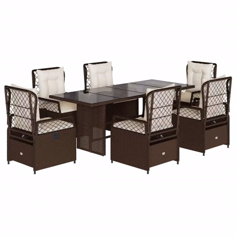 Set da Pranzo da Giardino 7pz con Cuscini in Polyrattan Marrone