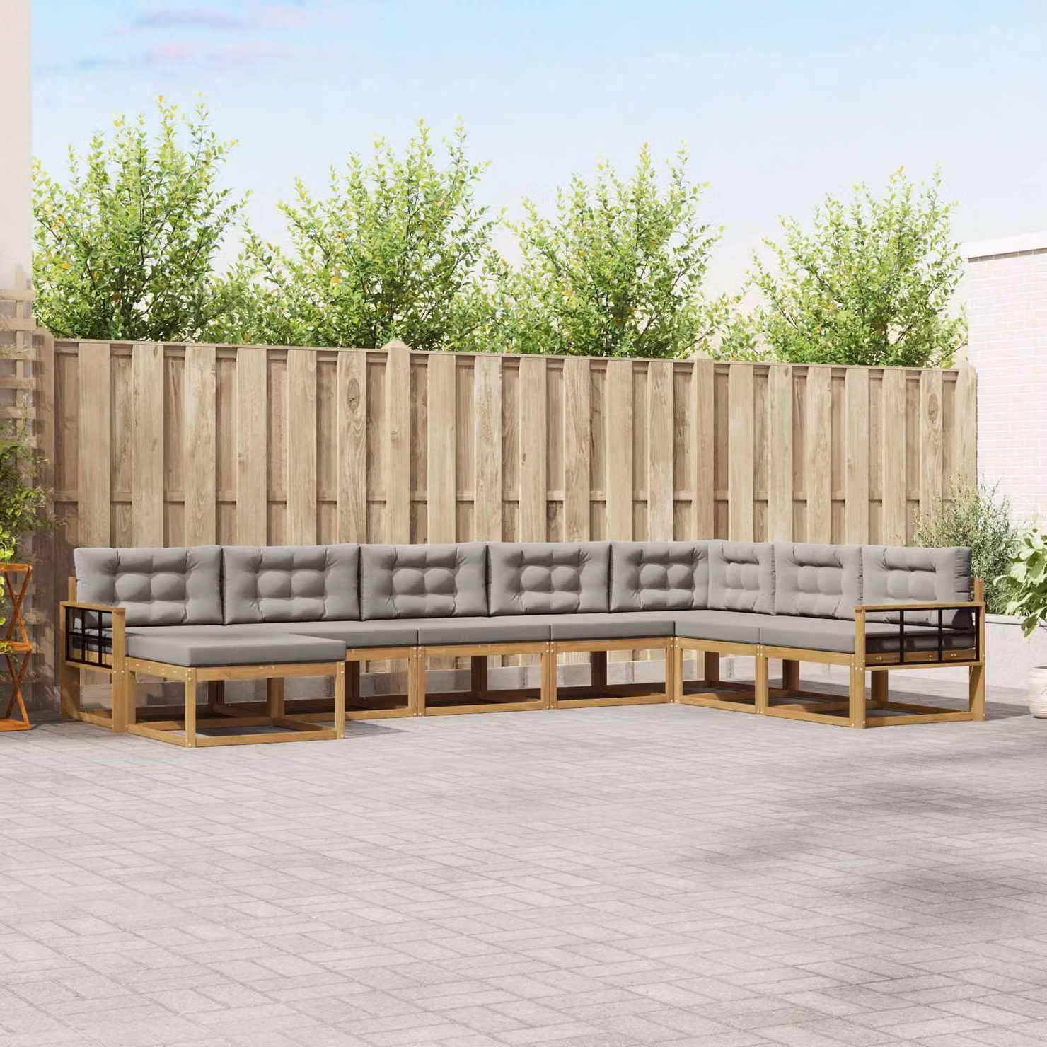 vidaXL Set di divani da esterno a forma di U composto da 8 pezzi in legno di acacia con cuscini Bianco e Grigio