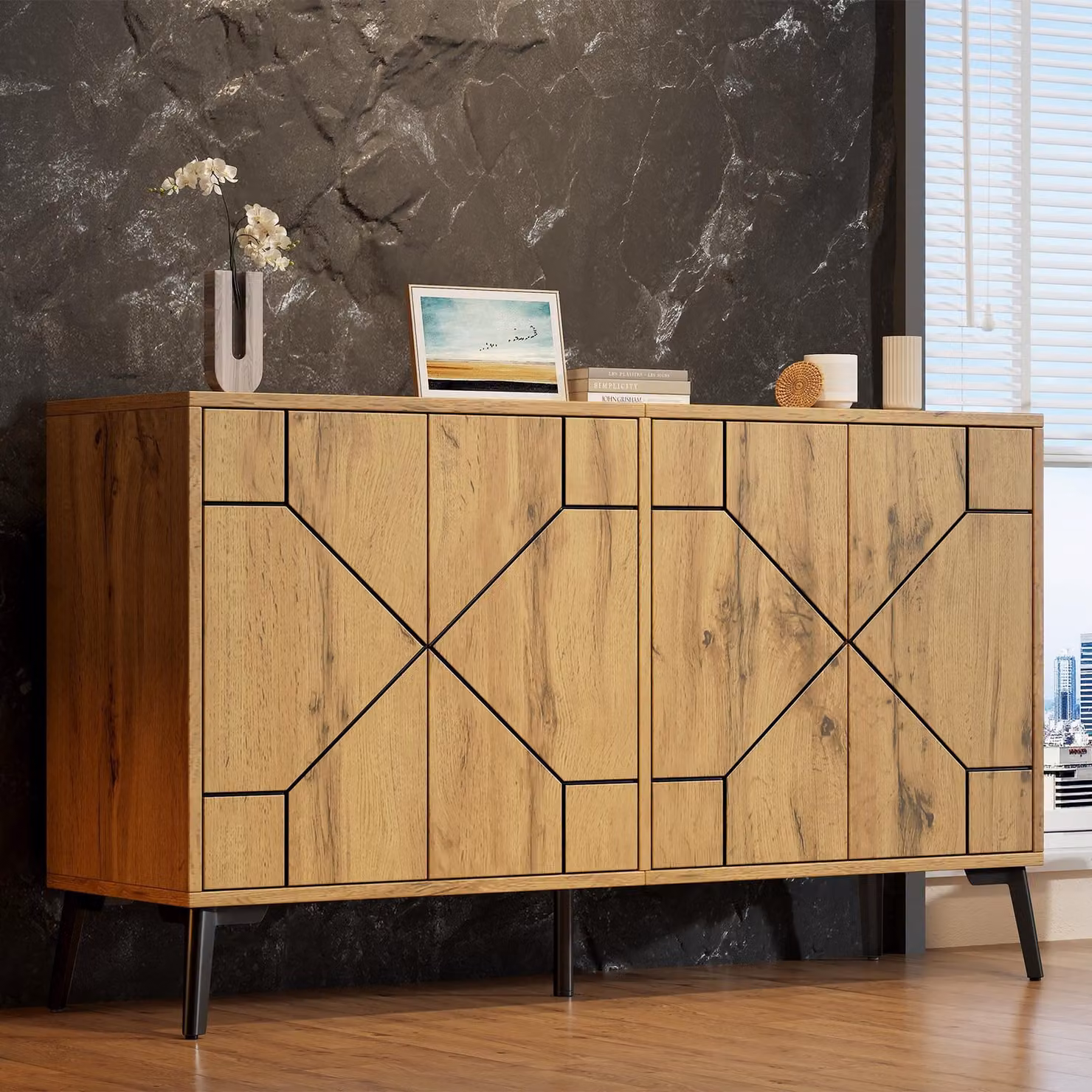 Mobile contenitore laterale Merax con motivo a onde, cassettiera con 4 ante a spinta, armadio contenitore in MDF, aspetto legno, ideale per soggiorno e sala da pranzo, finitura naturale