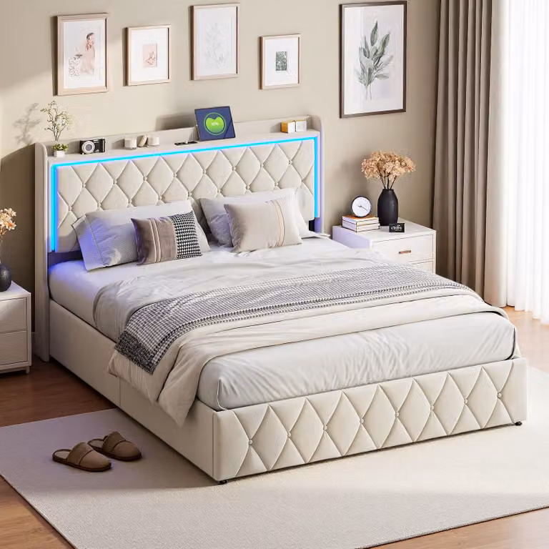 Letto imbottito INONEFT, 160x200 cm, letto per ragazzi con LED e USB, letto matrimoniale idraulico con spazio contenitore, struttura letto imbottita con spazio contenitore e rete a doghe, in velluto, color beige