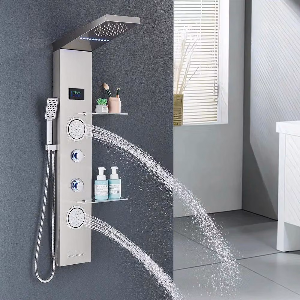 Pannello doccia 6001 - Doccia a pioggia con LED - Acciaio inossidabile 304 - Display digitale - Luce LED ad acqua - Doppia maniglia caldo/freddo - Con ripiano - Nichel spazzolato