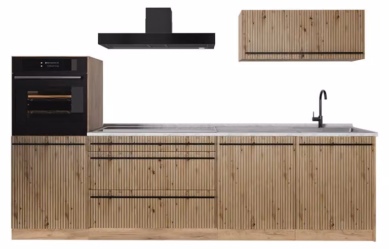 Cucina componibile Vicco R-Line Rovere artigianale/Rovere dorato 280 cm piano di lavoro Marmo, Model 67251
