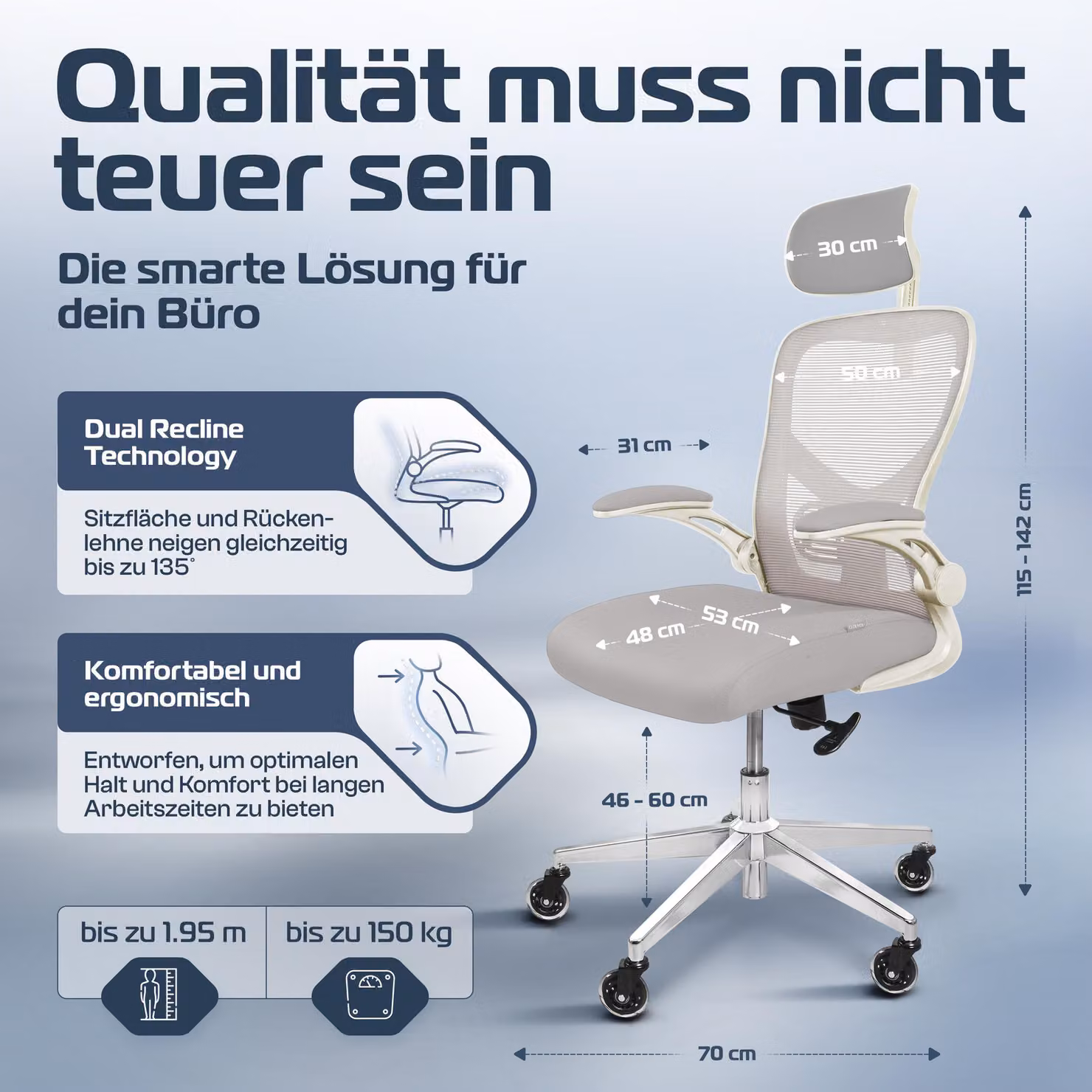 Sedia da ufficio CLOUVO SmartSeat bianco crema, sedia ergonomica da scrivania, sedia direzionale, sedia da gioco, sedia girevole 150 kg - regolabile individualmente