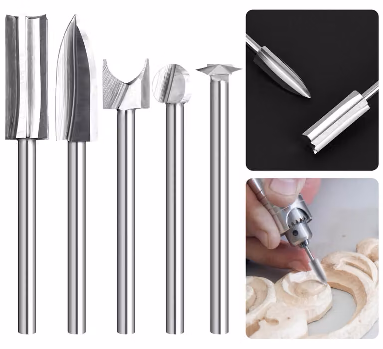 Set di 5 utensili da intaglio in HSS, con gambo da 3 mm, per utensili rotanti
