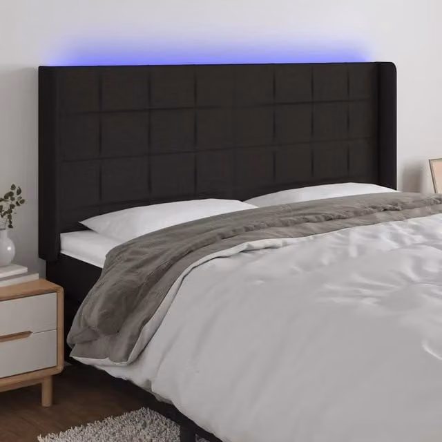 Testiera con LED Design Mania in tessuto nero con porta USB, L: 203 cm, P: 16 cm, H: 118/128 cm – 1
