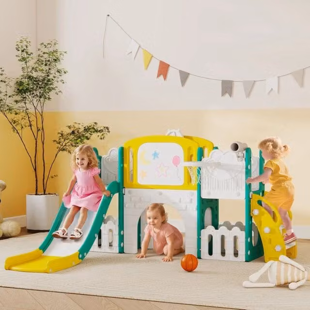 Set da arrampicata 7 in 1 WISHDOR per bambini con scivolo, canestro, tunnel, telescopio, parete, box e lavagna, multicolore, H: 176 cm, L: 150 cm, P: 150 cm – 1