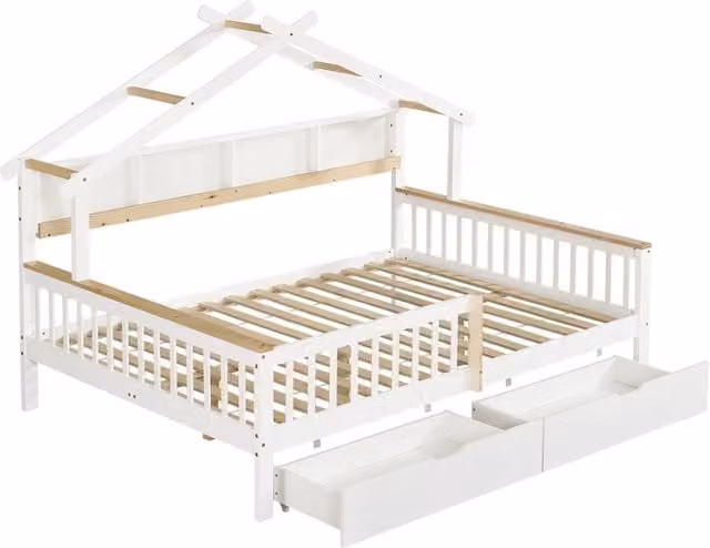 Letto per bambini 140x200 cm in legno di pino e MDF con protezioni laterali, design a casetta, doppio cassetto su ruote, bianco e naturale