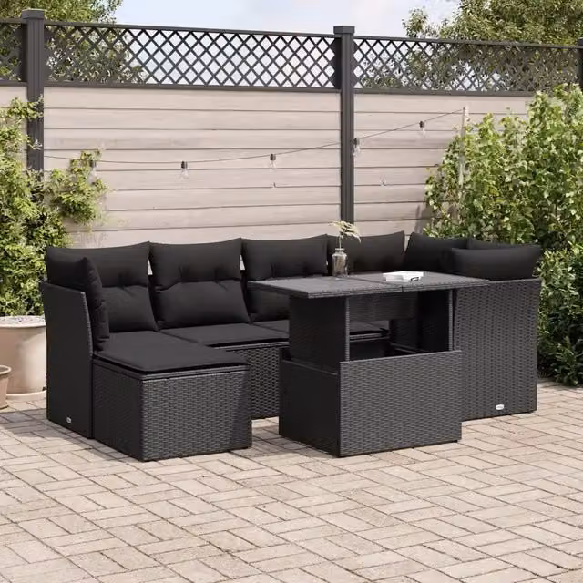 Set Divani da Giardino con Cuscini 7pz Nero Polyrattan 3326186