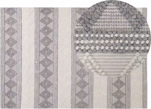Tappeto Beliani intrecciato a mano in lana e poliestere con motivo geometrico boho, beige e grigio, L: 140 cm x P: 200 cm