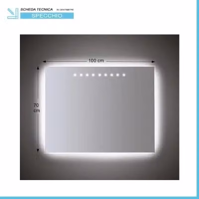 Specchiera rettangolare con illuminazione LED perimetrale e dettagli sabbiati, L: 100 cm, H: 70 cm – 2