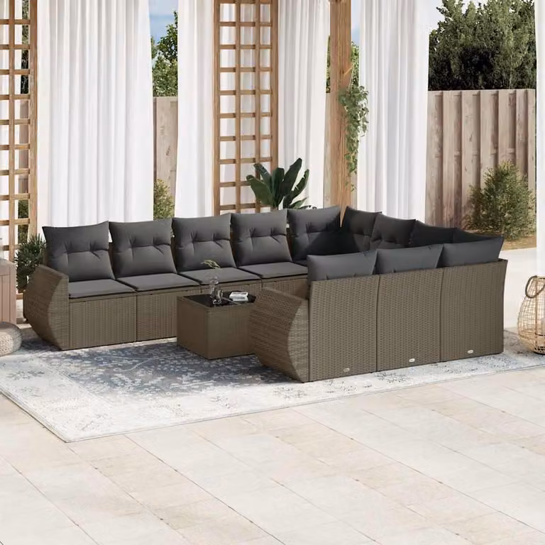 vidaXL Set Divani da Giardino 11 pz in Polyrattan Grigio con Cuscini e Tavolino